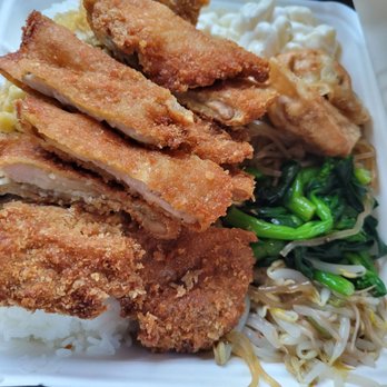 Gina's Kapolei - Chicken katsu / meat jun combo. Looks like a lot, but wasn't,  considering how thin the chicken is. Most of the bottom is rice. - Barbeque Near Me - Kapolei, Hawaii