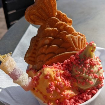 Neko Neko - Beautiful and tasty! Pumpkin spice and jasmine green tea ice creams with strawberry crunch and mochi topped with a red bean filled cone. - Desserts Near Me - Albuquerque, New Mexico