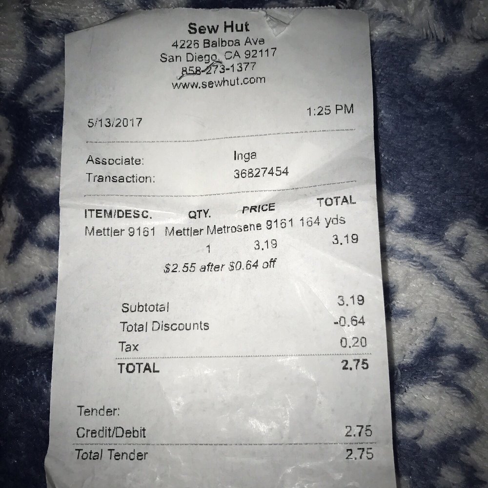 SEW Hut - This receipt isn't for all the purchased items. It has the date stamped to remind me of this awful experience - Fabric Stores Near Me - San Diego, California SEW Hut - This receipt isn't for all the purchased items. It has the date stamped to remind me of this awful experience - Fabric Stores Near Me - San Diego, California