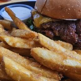Double smashburger with beer batter fries.