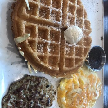 First Watch - Tri-fecta with waffle, chicken sausage pattie & cheese eggs. - Breakfast & Brunch Near Me - Dallas, Texas First Watch - Tri-fecta with waffle, chicken sausage pattie & cheese eggs. - Breakfast & Brunch Near Me - Dallas, Texas