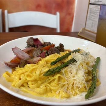 Lonzo's Restaurant - Huancaina pasta + Filet Mignon Huancaina sauce, fettucini pasta, parmesan cheese, asparagus. - Bakeries Near Me - Culver City, California