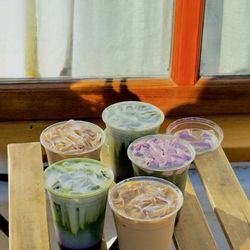 Vanilla blueberry matcha, raspberry cream matcha & salted honey latte