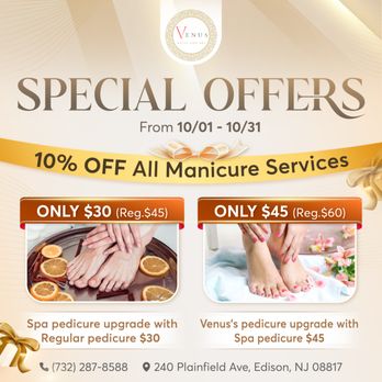 Venus Nail Spa - SPECIAL OFFERS
Treat yourself this October with our limited-time manicure deals at Venus Nail Spa! - Nail Salons Near Me - Edison, New Jersey Venus Nail Spa - SPECIAL OFFERS
Treat yourself this October with our limited-time manicure deals at Venus Nail Spa! - Nail Salons Near Me - Edison, New Jersey