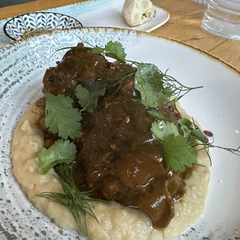 Namak - Lamb - A dish featuring braised meat with a dark sauce, garnished with fresh herbs, served on a textured plate over a creamy puree. - Mediterranean Near Me - Washington, DC, District of Columbia