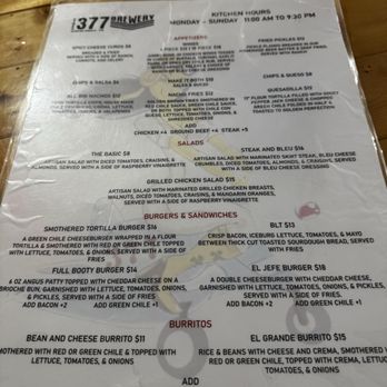 The 377 Brewery - The menu from The 377 Brewery lists various food options including appetizers, salads, burgers, sandwiches, and burritos, with prices and descriptions. - Brewpubs Near Me - Albuquerque, New Mexico
