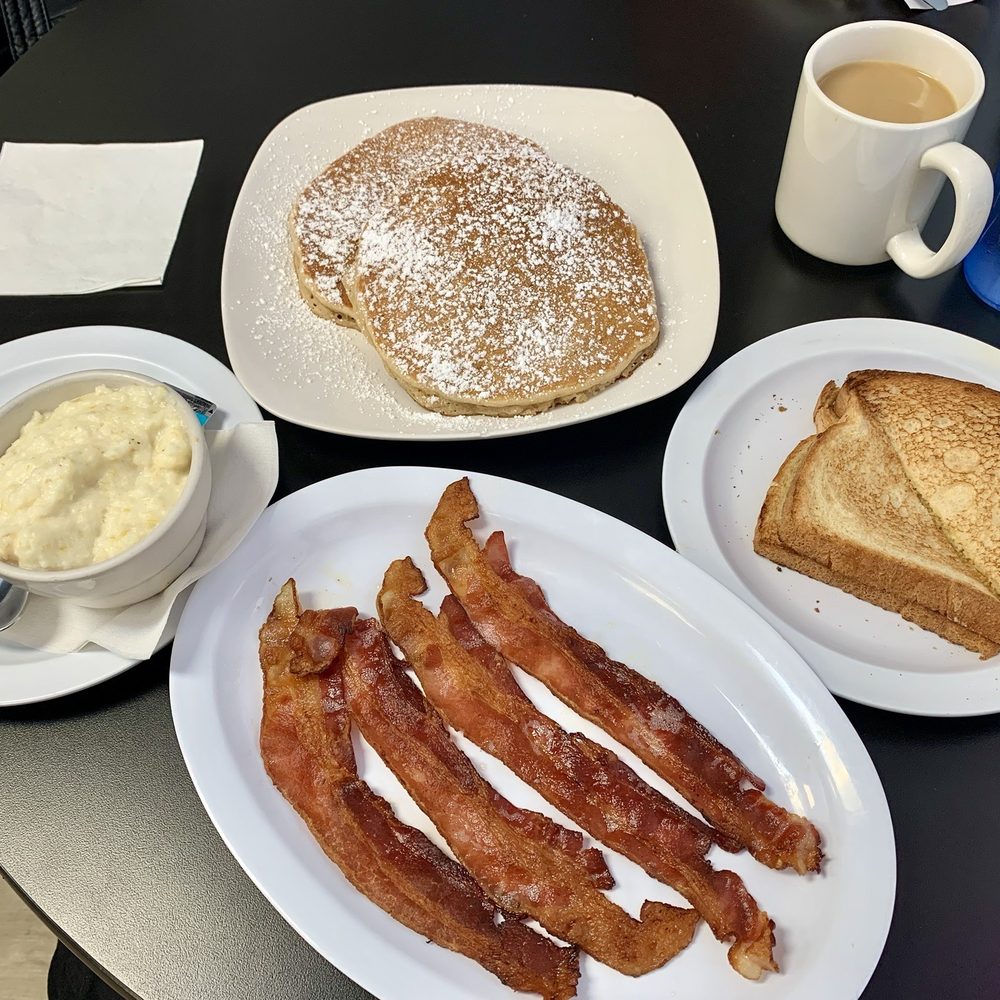 Pancakes, grits, bacon, toast, & bacon! Pancakes, grits, bacon, toast, & bacon!