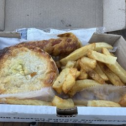 Curry chicken pie, battered sausage and Chips