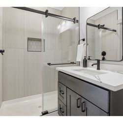 Quality Granite & Cabinets - Smoky Grey Shaker Vanity with Calacatta Slate Quartz countertop