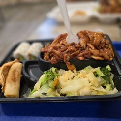 Quickway Hibachi - Chicken Bento Box - Noodles, 4 pcs California Roll, 2 pcs Chicken Dumpling, 2 pcs Spring Roll, steamed veggies