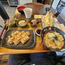 Hako Sushi - Oshi Bento: salmon oshi, mini udon (regular sized to me), 5 PC assorted tempura, salad, miso, 3 PC takoyaki, mini sunomono.