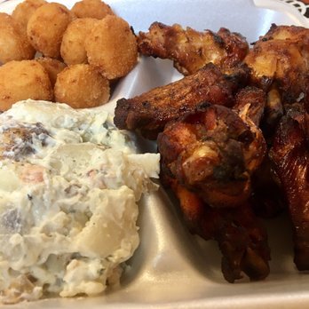 Sam's Smokehouse - Smoked wing plate with cheese tots and potato salad - Smokehouse Near Me - Fayette, Alabama