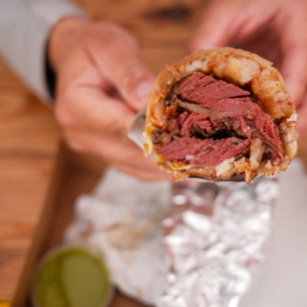 Pastrami breakfast burrito, so tender! Pastrami breakfast burrito, so tender!