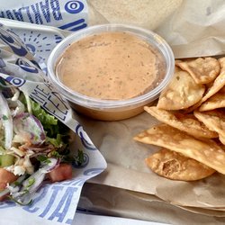 Greek Eats - Chicken gyro with hummus and chips.