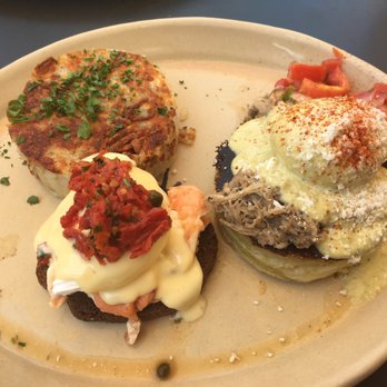 Snooze, an A.M. Eatery - Benny duo: chili verde Benedict (pork with tortillas) and Benny goodman (lox salmon with capers) yummy! - Breakfast & Brunch Near Me - Gilbert, Arizona