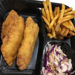 Ray's Place - 3 piece Fish and Chips with fries and cole slaw. Tasty!