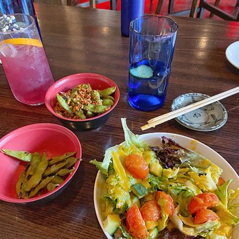 Blue Sushi Sake Grill - Charred Spicy Edamame + Small House Salad with carrot ginger dressing - Sushi Bars Near Me - Denver, Colorado Blue Sushi Sake Grill - Charred Spicy Edamame + Small House Salad with carrot ginger dressing - Sushi Bars Near Me - Denver, Colorado