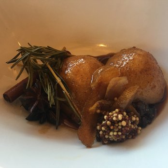 Jackson House Inn - Our (vegan) first course. Pears with mustard seeds, cinnamon, rosemary and other elements in a reduction sauce that took hours to make. Wow~ - Bed & Breakfast Near Me - Woodstock, Vermont Jackson House Inn - Our (vegan) first course. Pears with mustard seeds, cinnamon, rosemary and other elements in a reduction sauce that took hours to make. Wow~ - Bed & Breakfast Near Me - Woodstock, Vermont