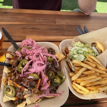 Thompson Brewing - Brisket nachos and Buffalo chicken sandwich with fries - American Near Me - Riverside, California