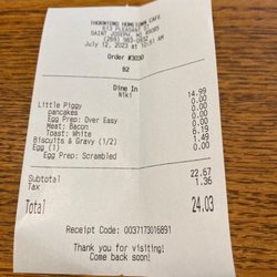 Thornton's Home Town Cafe - Receipt