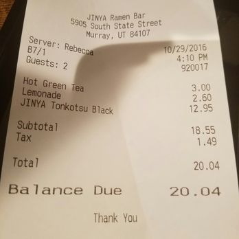 JINYA Ramen Bar - Murray - My bill... Not happy - Ramen Near Me - Murray, Utah JINYA Ramen Bar - Murray - My bill... Not happy - Ramen Near Me - Murray, Utah