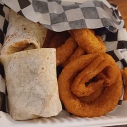 Landon's Pub and Pizza - Philly "cheesesteak" with onion rings