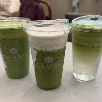 Da Vien Coffee - (Left) Matcha Latte with Oat Milk and Matcha Cream, (Middle) Matcha Einspanner with Oat Milk, (Right) Coconut Matcha - Coffee & Tea Near Me - Long Beach, California