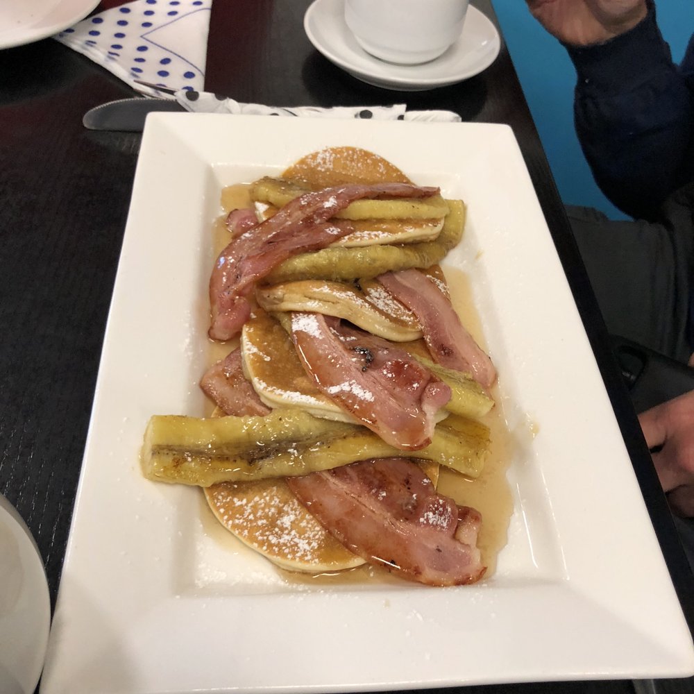 The Village Cafe - Pancakes with bananas and bacon and maple syrup with a side of deeelicious! - Coffee & Tea Near Me - Timaru, CAN