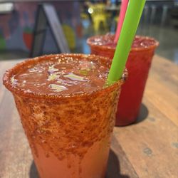 Bottom (watermelon) Top (dragonfruit) On the side (chamoy)