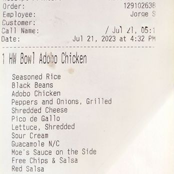 Moe's Southwest Grill - Receipt order - Tex-Mex Near Me - Florham Park, New Jersey
