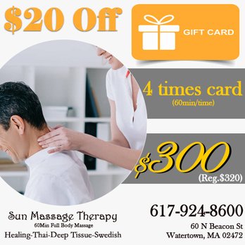 Sun Massage Therapy - 4-time card (60min/time), Only $300 (reg.$320) - Massage Therapy Near Me - Watertown, Massachusetts Sun Massage Therapy - 4-time card (60min/time), Only $300 (reg.$320) - Massage Therapy Near Me - Watertown, Massachusetts