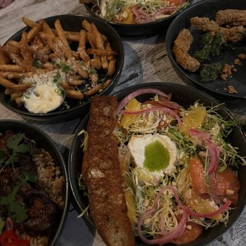 NextDoor Restaurant - Truffle Fries,  Fried Calamari, crying tiger steak bowl, smoked salmon and beef salad - Canadian (New) Near Me - Markham, Ontario