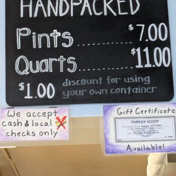 Fairfax Scoop - As of 2/15/2025, hand packed prices have increased by $1 (up front $6 pints and $10 quarts) - Ice Cream & Frozen Yogurt Near Me - Fairfax, California Fairfax Scoop - As of 2/15/2025, hand packed prices have increased by $1 (up front $6 pints and $10 quarts) - Ice Cream & Frozen Yogurt Near Me - Fairfax, California