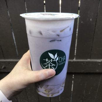 Cha Bubble Tea - the color!!! taro with mango jellies - Bubble Tea Near Me - Tulsa, Oklahoma
