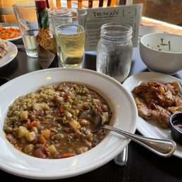 Chickpea Gumbo and BBQ Jackfruit Side. Hubby's Reuben, Colcannon and Honey Ginger Carrots in background.