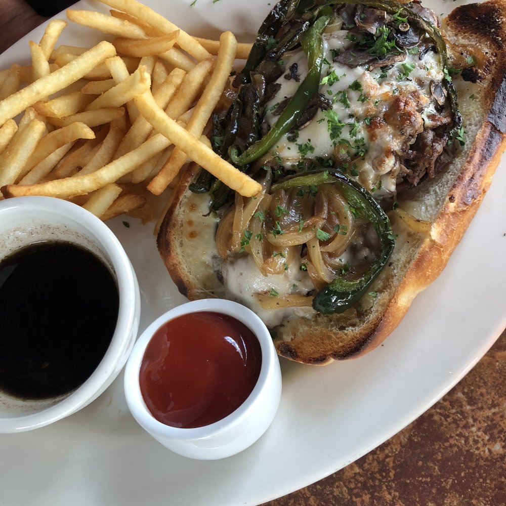 Brick Restaurant - French Dip Au Jus (added grilled onions, peppers, mushrooms - $1 each add) with side fries. Delicious! - New American Near Me - Jacksonville, Florida Brick Restaurant - French Dip Au Jus (added grilled onions, peppers, mushrooms - $1 each add) with side fries. Delicious! - New American Near Me - Jacksonville, Florida
