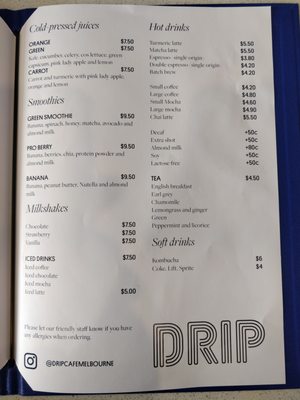 Menu photo 1 Drip Cafe Cheltenham, VIC Menu photo 1 Drip Cafe Cheltenham, VIC