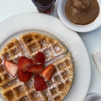 Brekkies - Gluten free waffle with a side of almond butter - Breakfast & Brunch Near Me - Solvang, California