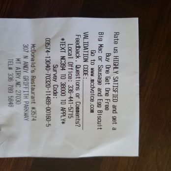 McDonald's - Receipt to show location. - Fast Food Near Me - Mt Airy, North Carolina