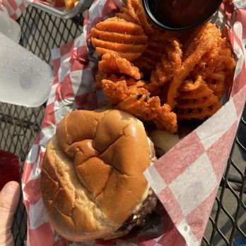 Lilly Pad - The Mushroom and Swiss Burger with sweet potato fries (slight upcharge, totally worth it) - Seafood Near Me - Henrico, Virginia