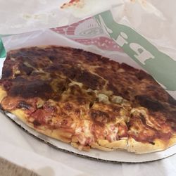 Large, well done, square cut half sausage and half pepperoni pizza.