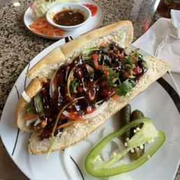 Chicken teriyaki po boy and spring rolls Chicken teriyaki po boy and spring rolls