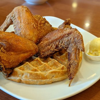 Dame's Chicken and Waffles - Classic Dames meal with wings and orange honey shmear - New American Near Me - Cary, North Carolina Dame's Chicken and Waffles - Classic Dames meal with wings and orange honey shmear - New American Near Me - Cary, North Carolina