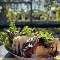 2 Street Sammies - Fire roasted red pepper sandwich, almond basil pesto, fresh mozzarella, crisp spring mix