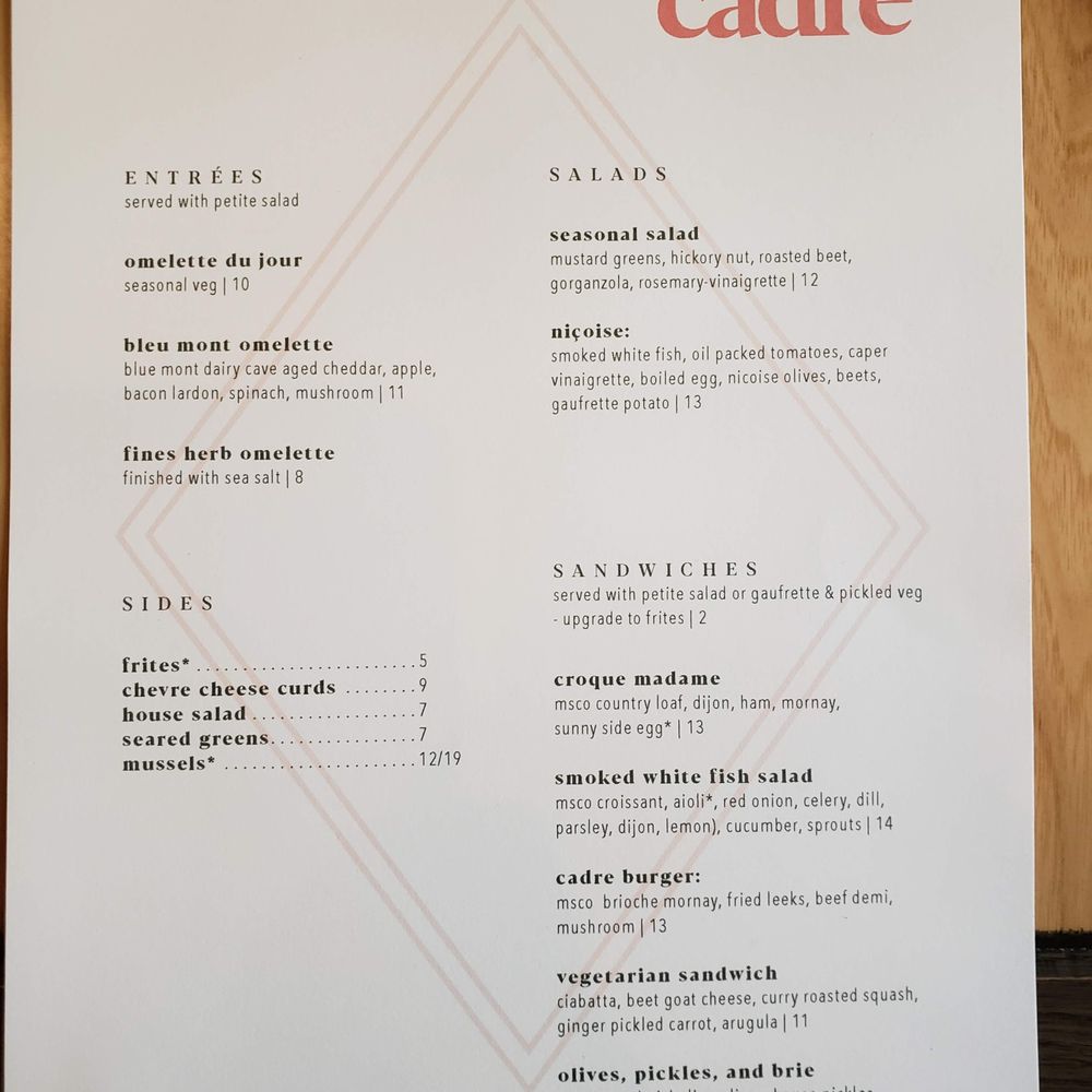 Cadre Restaurant - Lunch menu as of 10/21/2019 - French Near Me - Madison, Wisconsin Cadre Restaurant - Lunch menu as of 10/21/2019 - French Near Me - Madison, Wisconsin