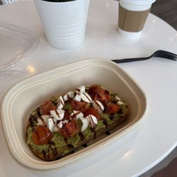 Roots to Rise - Caprese Avocado Toast and a small drip coffees