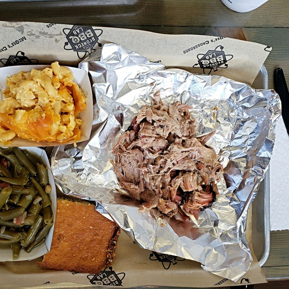 The Redneck BBQ Lab - Pulled pork, green beans, jalapeño mac 'n cheese and cornbread. - Barbeque Near Me - Benson, North Carolina
