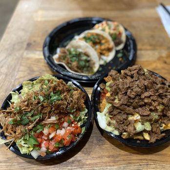 Brick and Flour - Carnitas bowl, carne asada fries (small), and three tacos - Mexican Near Me - Glendale, California