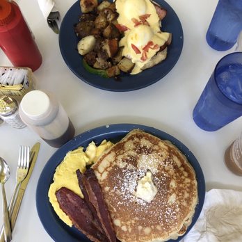 Cafe 222 - 2 buttermilk pancakes, scrambled eggs & turkey bacon (below). Eggs benedict on a biscuit with breakfast potatoes (too). - Breakfast & Brunch Near Me - San Diego, California