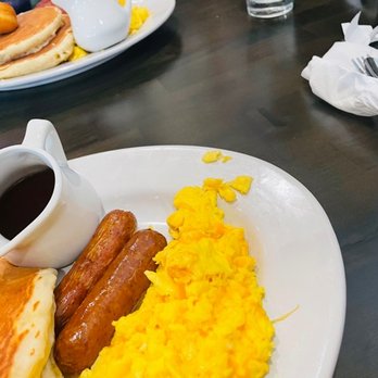 Maple Bacon Restaurant - Pancakes and eggs with sausage x deuce - American Near Me - Plano, Texas